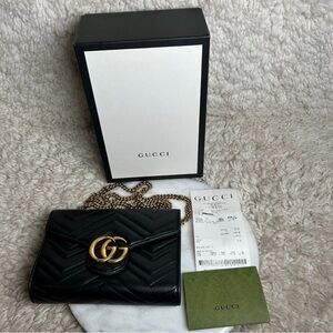 GUCCI GG Marmont Black Leather Chain Wallet Bag Crossbody Handbag